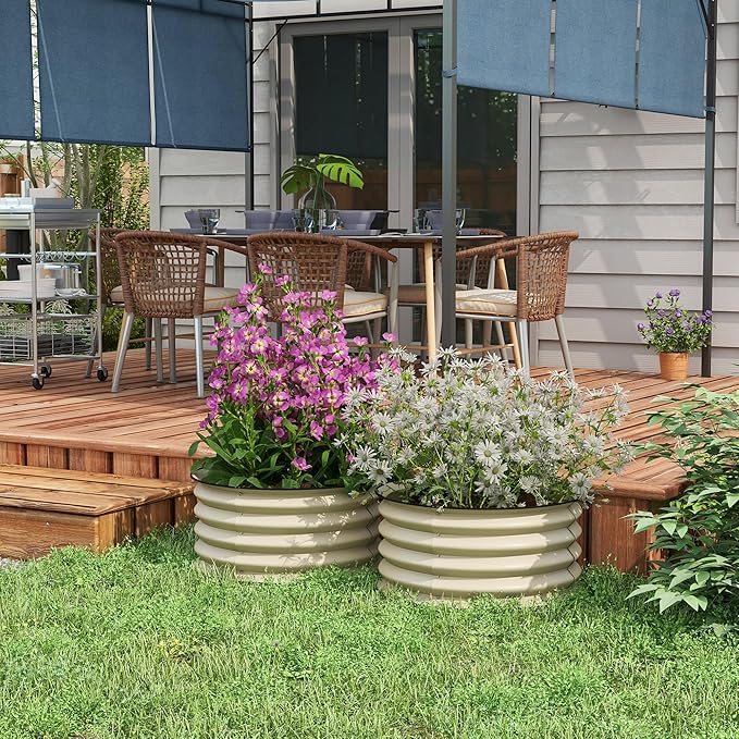 Galvanized Steel Raised Garden Beds - Set of 2 with Safety Edge for Growing Flowers Herbs &amp Vegetables Waterproof Cream White Planters