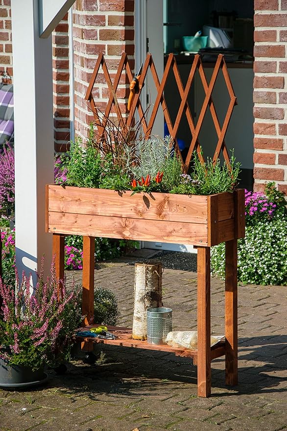 dobar® 58187e Rollable Raised Bed with Trellis Planter Box on Wheels Flower Bed Made of Solid Wood Narrow Herb Bed for Garden/Patio/Balcony 79 x 28.5 x 130 cm Brown