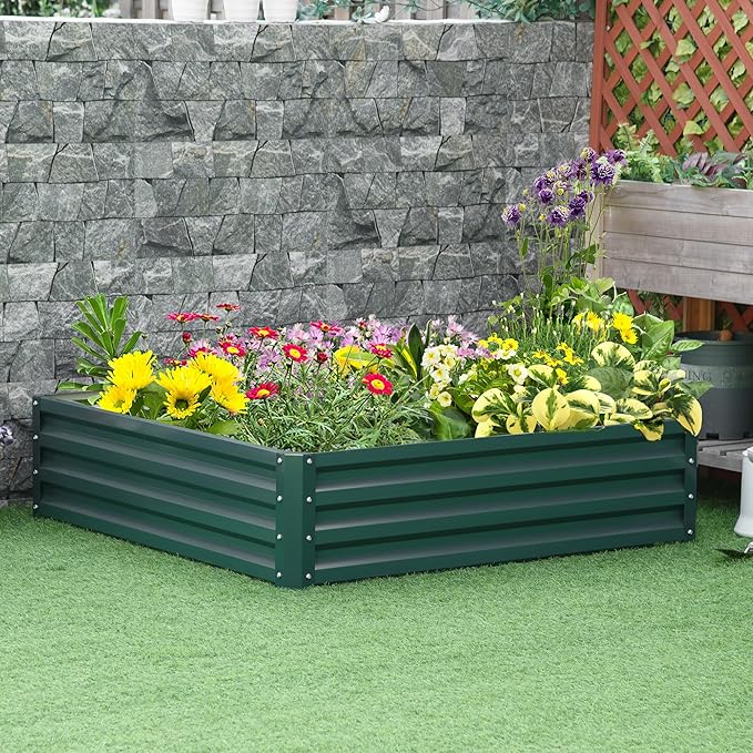 Galvanized Raised Garden Bed 4' x 4' x 1' Metal Planter Box for Vegetables Flowers Herbs Succulents with Open Bottom and Weather-Resistant Coating Green