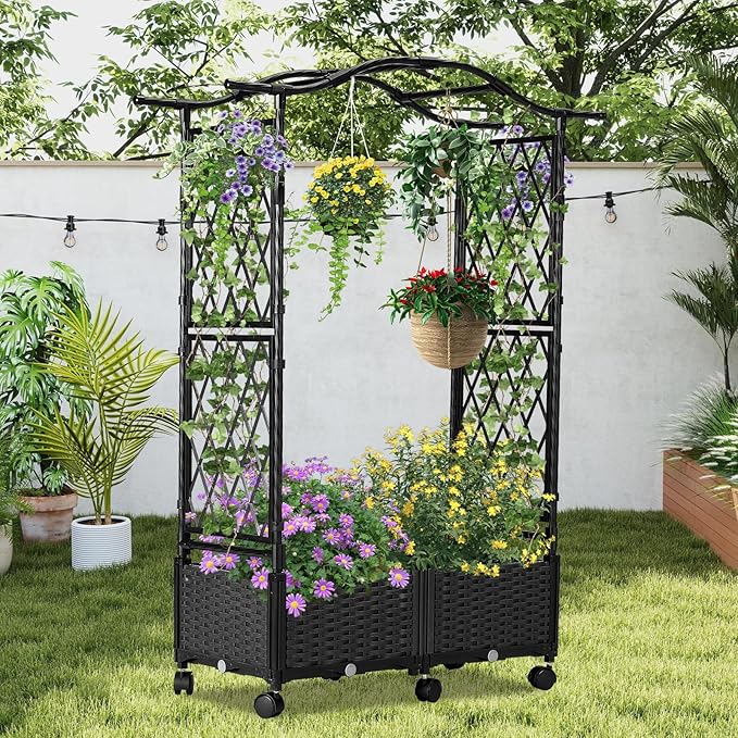 Planter Box with Trellis Outdoor Plastic Raised Garden Bed Trellis Planter Box with Wheels and Drainage Hole for Patio Balcony Backyard Indoor Flower Vegetable Tomato Black
