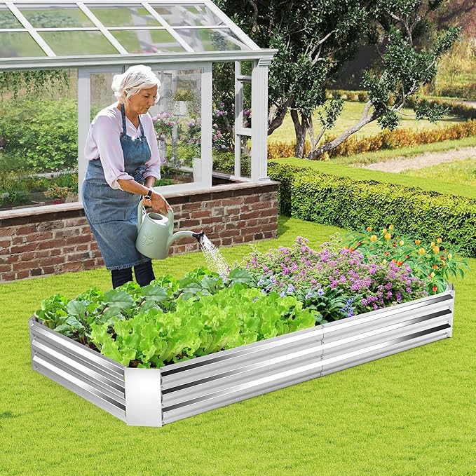 HAPPYGRILL 8x4x1FT Galvanized Raised Garden Bed Outdoor Metal Planter Box for Vegetable Flower Fruit Herb Galvanized Metal Garden Box with Open-Ended Base