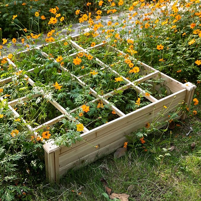 Raised Garden Bed Kit 4' x 4' Outdoor Wooden Planter Box with 9 Growing Grids for Plants and Herbs