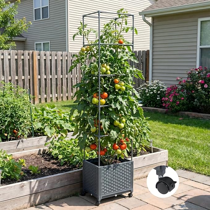Raised Garden Bed with Tomato Planter Cage 67.6 Trellis Planter Boxes with Wheels for Outdoor Patio Greenhouse Gardening Climbing Vegetables