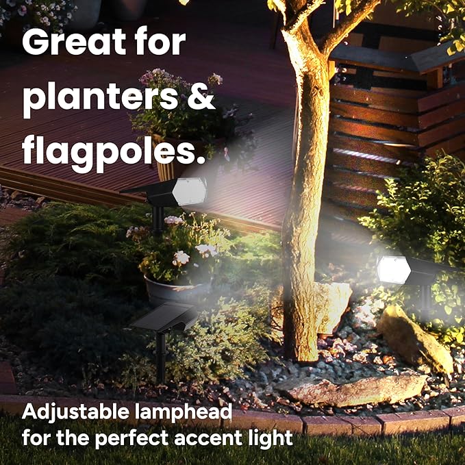 TECHKO Outdoor Solar Spotlight with Wall-Mount &amp Ground-Stake Dusk-to-Dawn Outdoor Waterproof IP65 Multiple Lighting Modes Solar Powered Garden Yard Spot Lights for Outside Landscape (2-Pack)