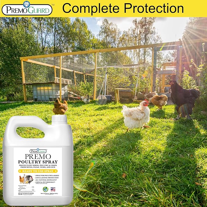 Premo Guard Poultry Spray - 128 oz - Kill Scaly Leg Mites Fleas Lice &amp Other Pest on Chickens and in Coops - Natural Plant Based Oils for Control &amp Prevention - Family Safe with No Egg Wi
