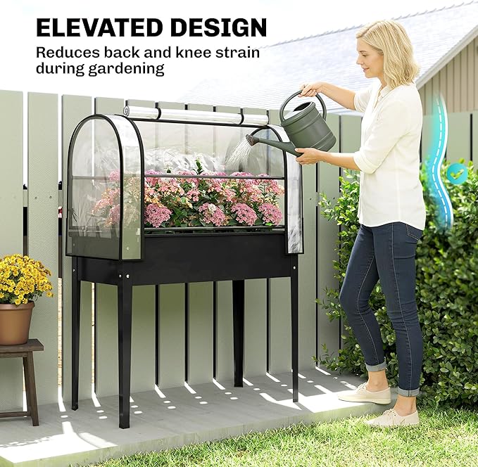 Outsunny Raised Garden Bed with Flip-Up Greenhouse Cover Metal Elevated Garden Bed with Legs and Drainage Hole Outdoor Raised Planter Box for Vegetables Herbs Flowers 39.4 x 19.3 x 53.5 Black