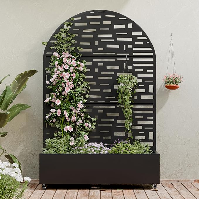 Casaphoria Metal Raised Garden Bed with Trellis and Wheels 72x47x16 Arched Planter Box for Climbing Plants Vegetables &amp Vines Features Drainage Holes and Privacy Screen (Black-Gerald)