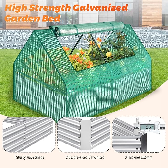 Galvanized Raised Garden Bed Mini Greenhouse Outdoor Raised Garden Planter Box for Vegetable Flower Fruit Metal Planter Garden Box for Garden Yard (49x35x36 in)