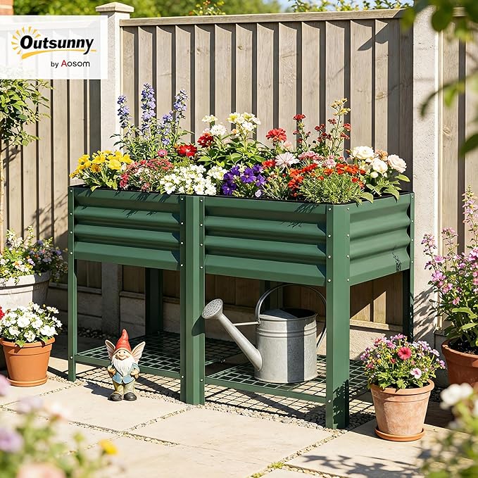 Outsunny Galvanized Steel Raised Garden Bed with Storage Shelf and Bed Liner Elevated Planter Box with Legs for Flowers Vegetables and Herbs for Outdoor Patio Yard Glove Included Green