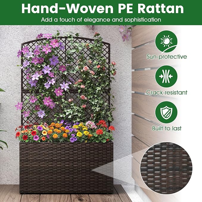 HAPPYGRILL Raised Garden Bed with Trellis 49 Wicker Planter Box w/Privacy Screen Liner Drainage for Patio Balcony Outdoor PE Rattan Elevated Garden Bed for Climbing Plant Vine Flower (Brown2)