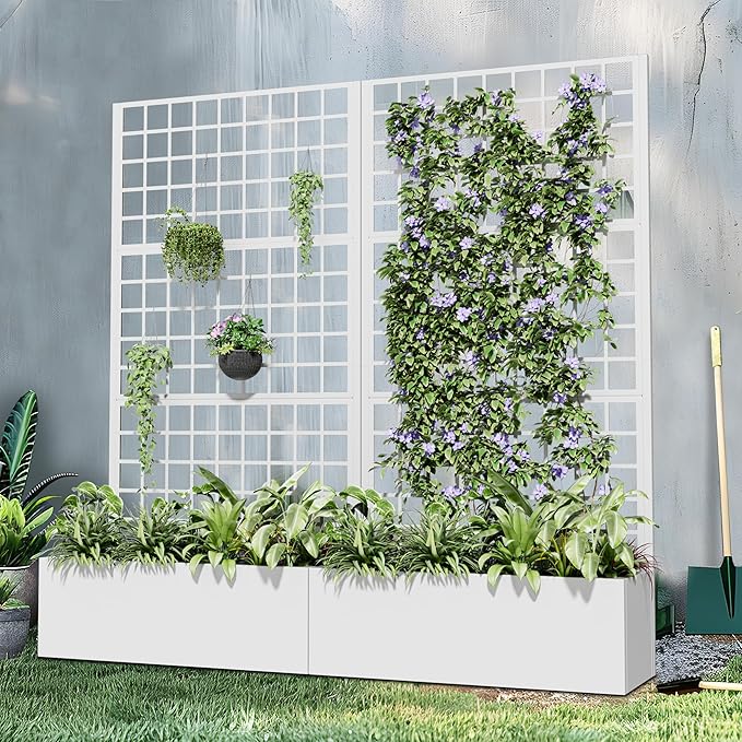 Casaphoria Metal Raised Garden Bed with Trellis and Wheels 72x35x16 Planter Box for Climbing Plants Vegetables &amp Vines Features Drainage Holes and Privacy Screen (White-Grid)