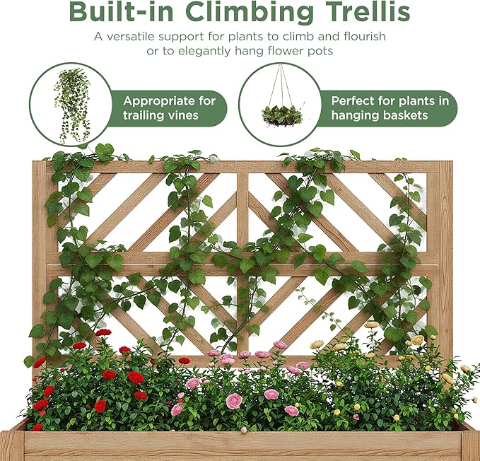 Vabches Wooden Elevated Raised Garden Bed with Trellis47x24x55 in Planter Box with Legs and Storage ShelfFreeStanding Gardening Planter for Flower Herb Vegetable Fruit Climbing Vines