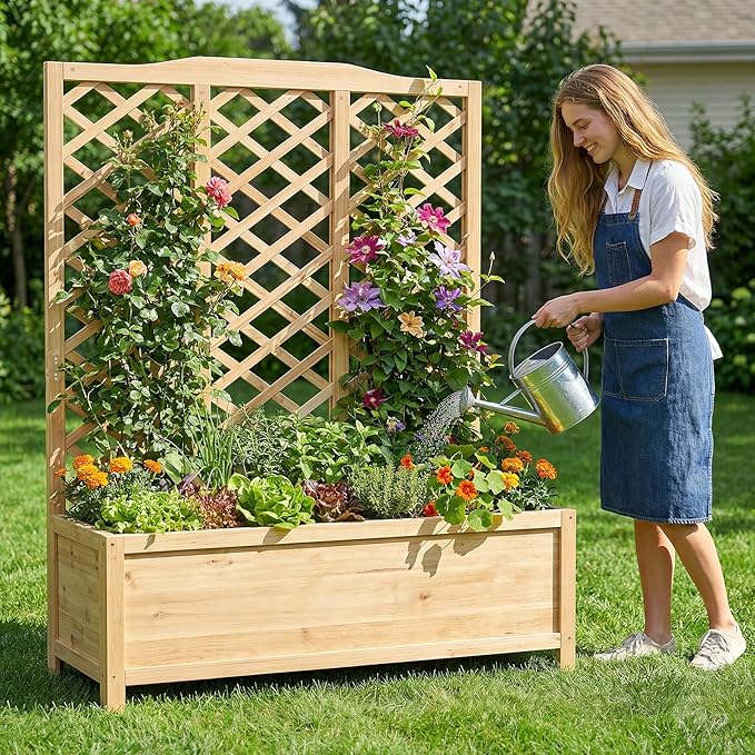Wooden Raised Garden Bed with Trellis Freestanding Planter Box with Drainage for Vines Climbing Plants Flowers Herbs Elevated Gardening Planter for Backyard Balcony Patio