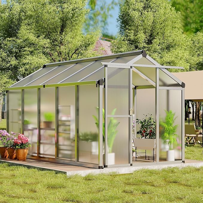 6X10 FT Greenhouse Greenhouses for Outside Aluminum Frame Polycarbonate Panels with Sliding Lockable Door and Ajustable Roof Vent Spacious Walk-in Design for Backyard Garden Patio Silver