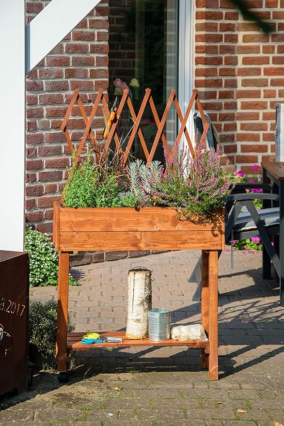 dobar® 58187e Rollable Raised Bed with Trellis Planter Box on Wheels Flower Bed Made of Solid Wood Narrow Herb Bed for Garden/Patio/Balcony 79 x 28.5 x 130 cm Brown