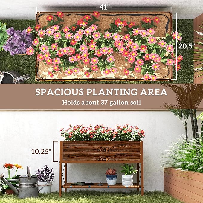 Outsunny Raised Garden Bed with Galvanized Steel Frame Storage Shelf and Bed Liner Elevated Planter Box with Legs for Vegetables Flowers Herbs Dark Brown