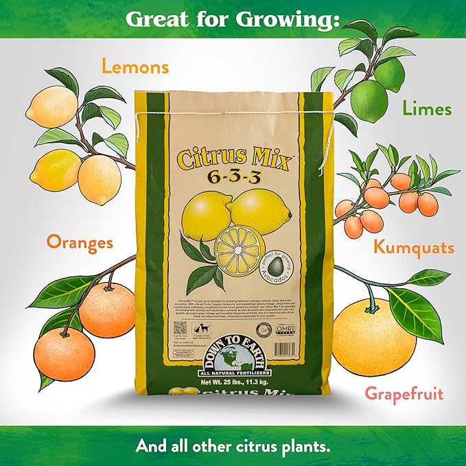 Down To Earth All Natural Fertilizers Organic Citrus Mix - Plant Food for Lemons Limes Oranges and Avocados 6-3-3 25 lb