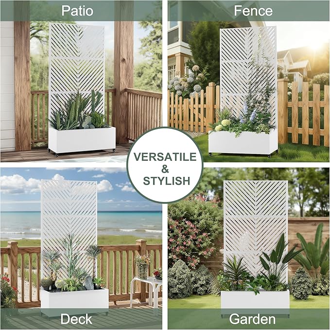 Metal Raised Garden Beds Outdoor with Trellis &amp Wheels Planter Box with Privacy Screen Drainage Holes for Vegetables Flowers Vines (35 L×16 W×71 H White Parallel)