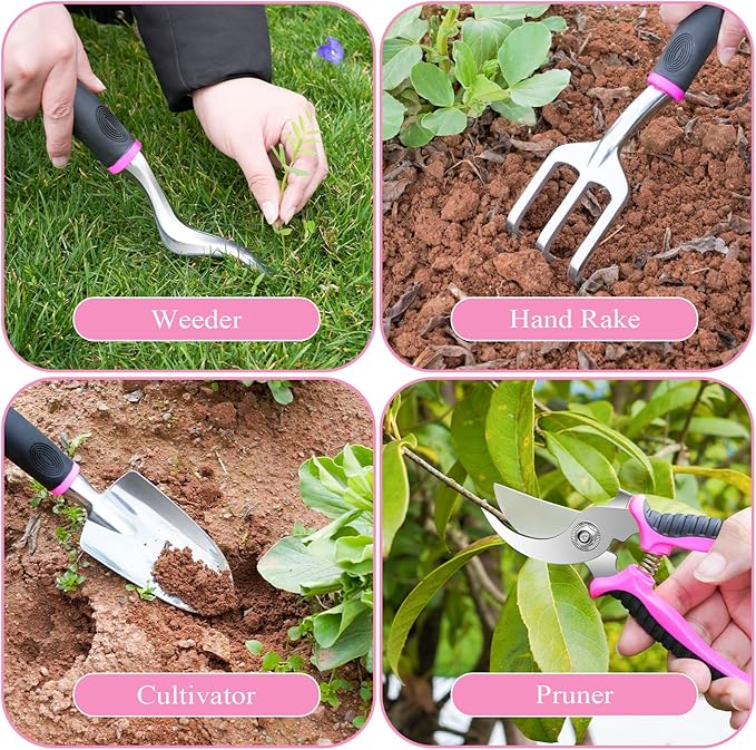Pink Garden Tool Set Gardening Items for Women - 24PCS Heavy Duty Garden Tools with Detachable Storage Bag Succulent Tool Set Weeder