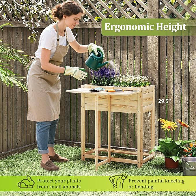 Giantex Wood Raised Garden Bed w/Folding Drop-Leaf Potting Table Planter Box for Flower Herb Vegetable Fruit Indoor Outdoor Elevated Raised Beds for Gardening Backyard Patio Balcony
