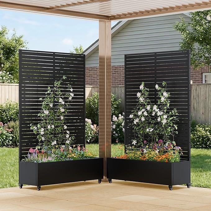 Casaphoria Metal Raised Garden Bed with Trellis and Wheels 72x47x16 Planter Box for Climbing Plants Vegetables &amp Vines Features Drainage Holes and Privacy Screen (Black-Louver)