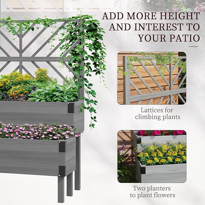 Outsunny Raised Garden Bed with Trellis 2 Tier Wooden Elevated Planter Box with Legs and Metal Corners for Vegetables Flowers Herbs Gray