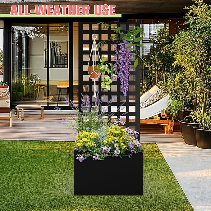 Metal Planter Box with Trellis Raised Garder Bed with Drainage Hole Privacy Screen &amp Trellis for Climbing Plants Outdoor Plant Stands 24''L×12''W×63''H Black