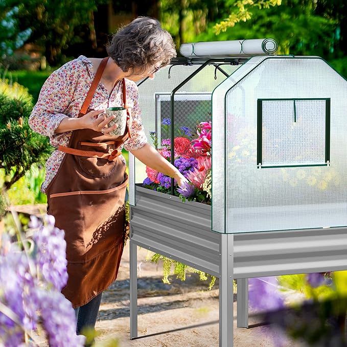 Galvanized Raised Garden Bed with Self-Watering System Elevated Planter Boxes Outdoor with Legs and PE Cover for Vegetables and Flowers Backyard Patio Balcony 48x24x56 in