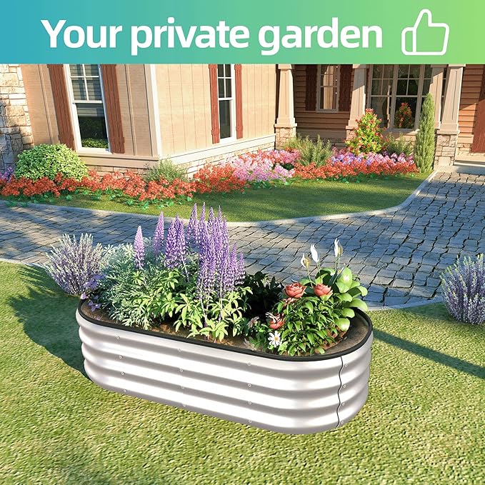 4x2x1 ft Oval Galvanized Metal Raised Garden Beds Thickened Rust-Proof Flower Beds Outdoor Plant Planter Boxes(Silver 2PCS)