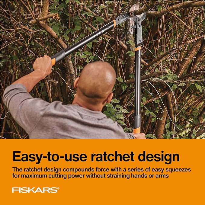 Fiskars Ratchet Drive Anvil Lopper 32 Inch Heavy Duty Tree Trimmer 2 inch Cut Capacity Riveted Handles for Easy Squeeze Cutting Power