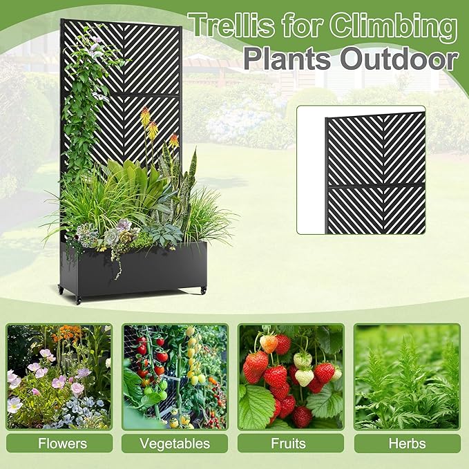 Raised Garden Bed with Trellis and Wheels73x35x16 Metal Raised Garden BedBlack Parallel Metal Planter with Climbing Trellis for Vines &amp Vegetables