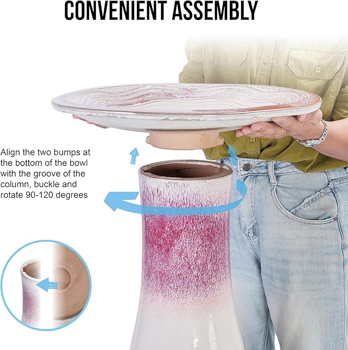 17'' Ceramic Bird Bath for Outside Elegant Tall Outdoor Bird Bath Lightweight Pedestal Glazed Birdbaths for Outdoors with Swirl Pattern Rose Ombre