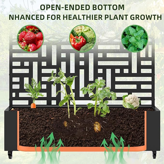 Casaphoria Metal Raised Garden Bed with Trellis and Wheels 72x47 Planter Box for Climbing Plants Vines &amp Vegetables Features Drainage Holes Helen &ampSpring