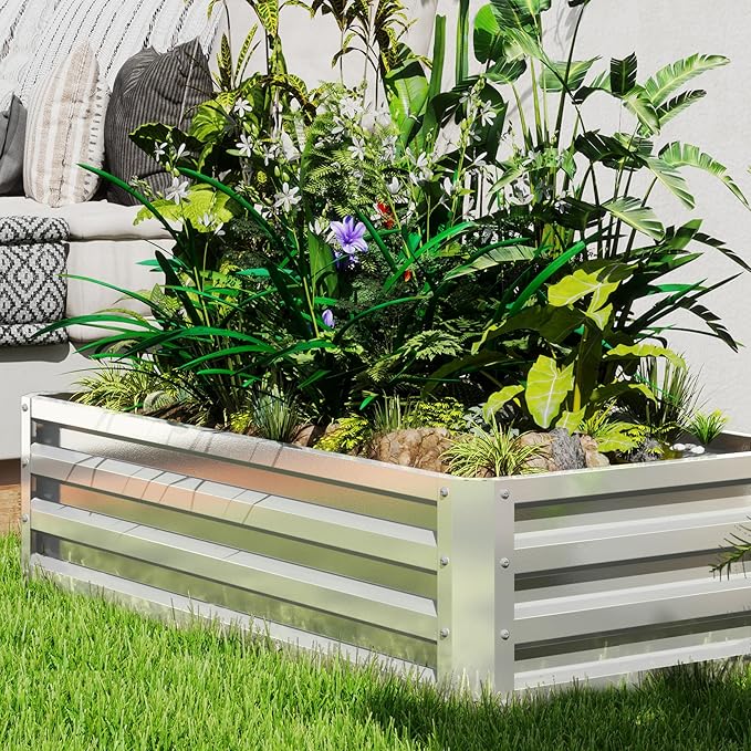 Outsunny Galvanized Raised Garden Bed 4' x 2' x 1' Metal Planter Box for Growing Vegetables Flowers Herbs Succulents Silver
