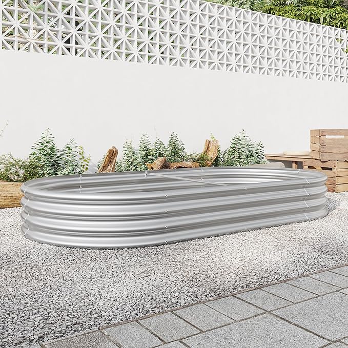Raised Garden Bed Outdoor Oval Large Metal Raised Planter Bed for for Plants Vegetables and Flowers Silver LY473