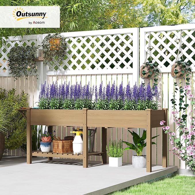 Outsunny Raised Garden Bed Wood Elevated Planter Box with Side Table Bottom Shelf Outdoor Raised Planter with Bed Liners Drainage Holes for Vegetable Flower 81.5 x 23 x 31 in Carbonized Brown