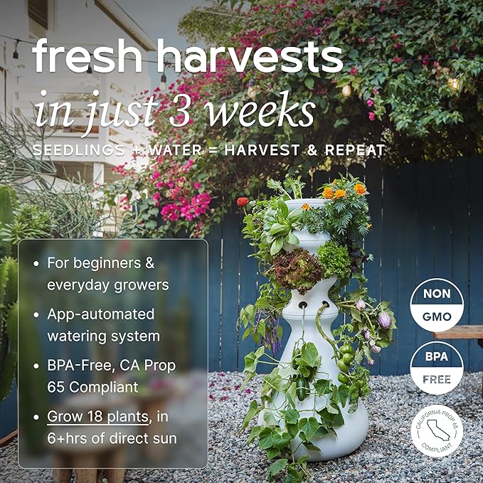 Farmstand Starter Kit + 18 Seedling Credits | Small Hydroponic Growing System Kit | Self-Watering Outdoor Vertical Garden Planter Tower | 4ft 3in | Made in USA