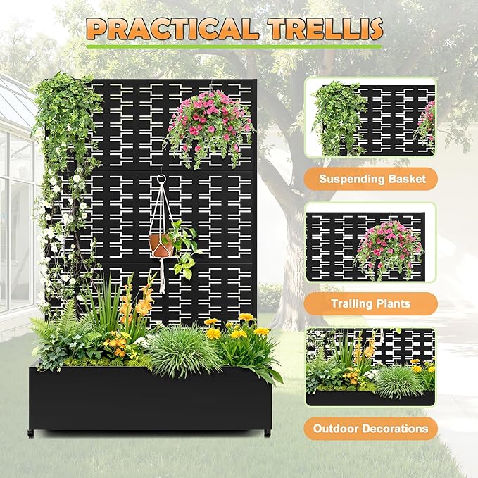 Metal Raised Garden Bed with Trellis 2-in-1 Planter Box &amp Privacy Screen for Climbing Plants Outdoor Standing Flower Bed with Drainage Holes 47.2 L x 16.7 W x 70.8 H Black-Brick
