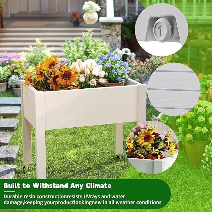 14 Gallon Raised Garden Bed with Wheels and Legs for Mobility Self-Watering Raised Planter Box with Drainage Plug and Gauge Durable Dust-Proof Resin for Garden Patio Balcony and Backyard