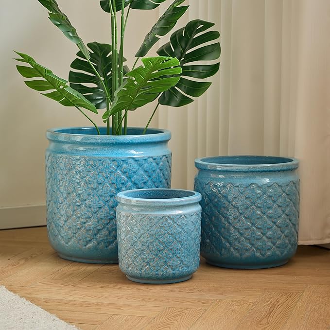 Handmade Ceramic Flower Pot Set of 3 15129 Inch Diameter Blue with Geometric Pattern for Orchids IndoorOutdoor Use on Windowsill Bookshelf Breathable Clay
