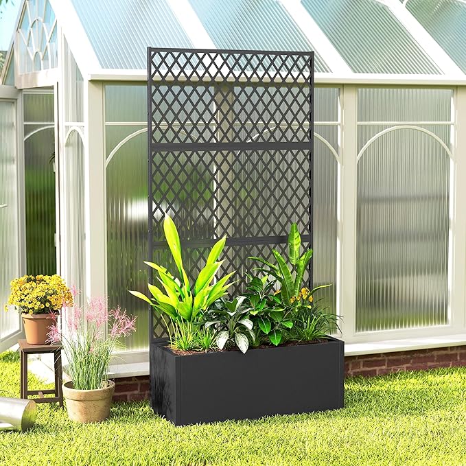 Outsunny Metal Planter Box with Trellis Raised Garden Bed with Trellis Privacy Screen and Drainage Holes for Climbing Plants Diamond Lattice Privacy Planter for Garden Patio Balcony