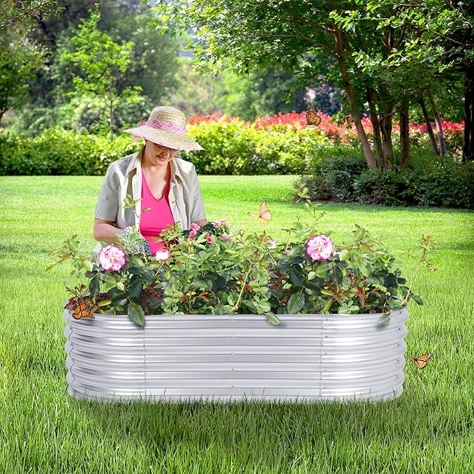 Aoodor Galvanized Raised Garden Bed Kit 5.3 x 2.6 x 1.4 Ft Oval Planter Box for Vegetables Flowers and Herbs Outdoor Use Silver