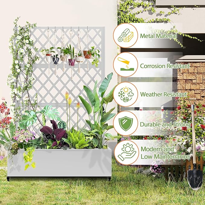 Metal Planter Trellis Box with Wheels &amp Drain Plug Outdoor Raised Garden Bed Patio Privacy Screen with Planter for Climbing Plants Vegetables 73x47x16 White-Diamond