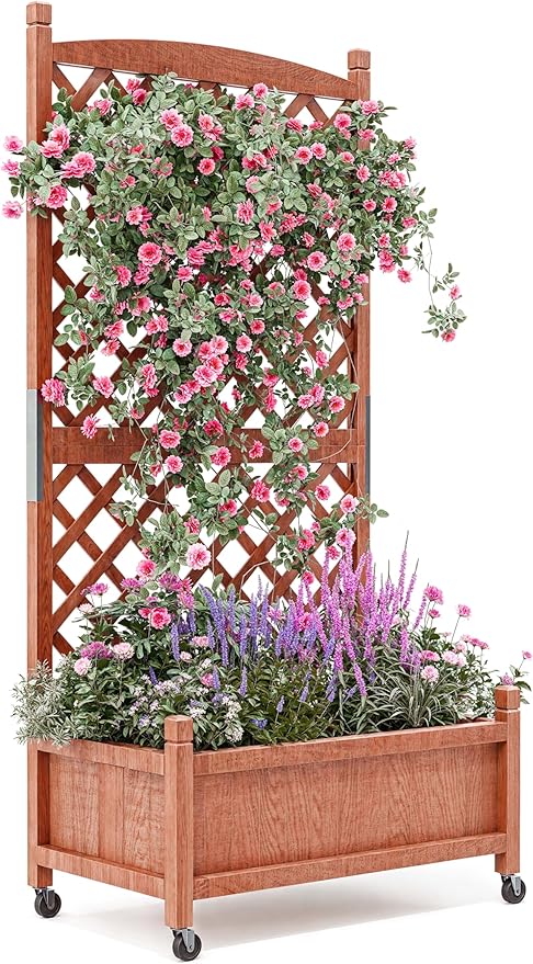 Wood Planter Box with Diamond Lattice Trellis Raised Garden Bed with Trellis &amp Wheels Privacy Planters for Patio Planter Box with Drainage Holes for Climbing Plants Flower 61x 26x 30