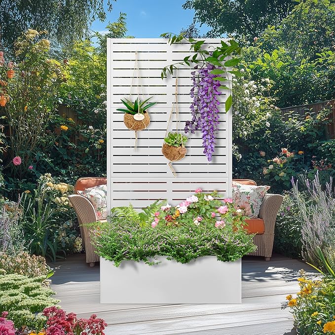 71x35x16 Metal Planter Box with Trellis Raised Garden Bed with Trellis Planter Box &amp Privacy Screen for Climbing Plants Vegetable Vines(White Louvered)