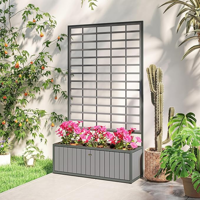 Outsunny Wooden Raised Garden Bed with Trellis Removable Pots Drainage Holes for Climbing Vines Vegetables Flowers Raised Planter Box for Backyard Patio Balcony 29 x 11 x 52 in. Gray