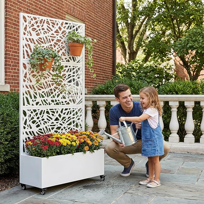 Casaphoria Metal Raised Garden Bed with Trellis and Wheels 72x35x16 Planter Box for Climbing Plants Vegetables &amp Vines Features Drainage Holes and Privacy Screen White-Net