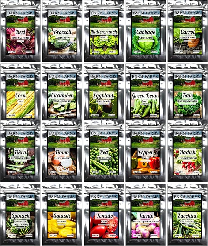 B&ampKM Farms 10000 Non GMO Heirloom Vegetable Seeds for Planting Vegetables and Fruits (20 Variety Pack) - Gardening Seed Starter Kit Survival Gear Food Gardening Gifts Prepper Supplies