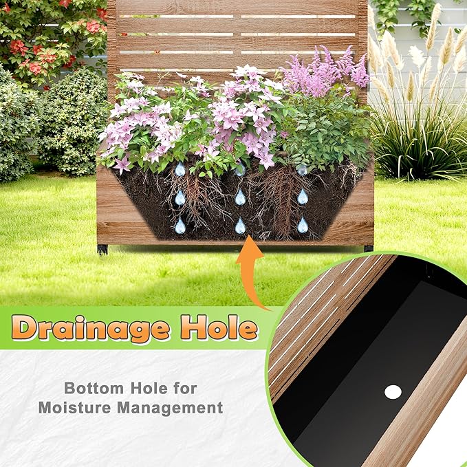 Metal Raised Garden Bed with Trellis 2-in-1 Planter Box &amp Privacy Screen for Climbing Plants Outdoor Standing Flower Bed with Drainage Holes 35.4 L x 15.7 W x 70.1 H Cut Oak Grain