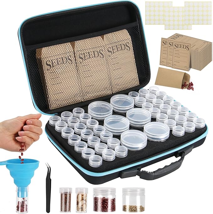48 Slots Seed Storage Organizer Box Garden Vegetable Plant Flower Seeds Saving kit with Write Label Funnel Tweezer 2 Sizes Storage Bottles